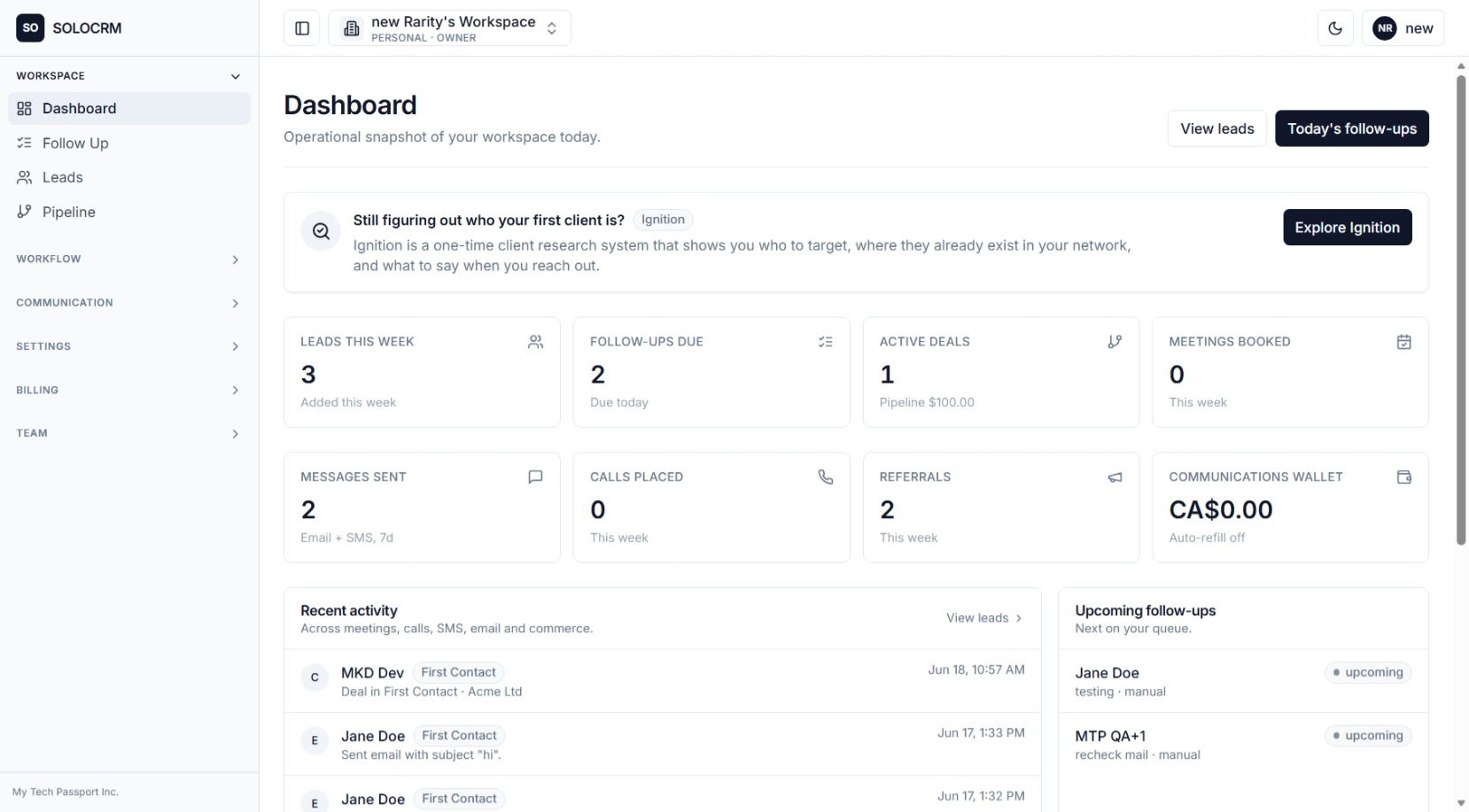 SOLOCRM dashboard and follow-up view