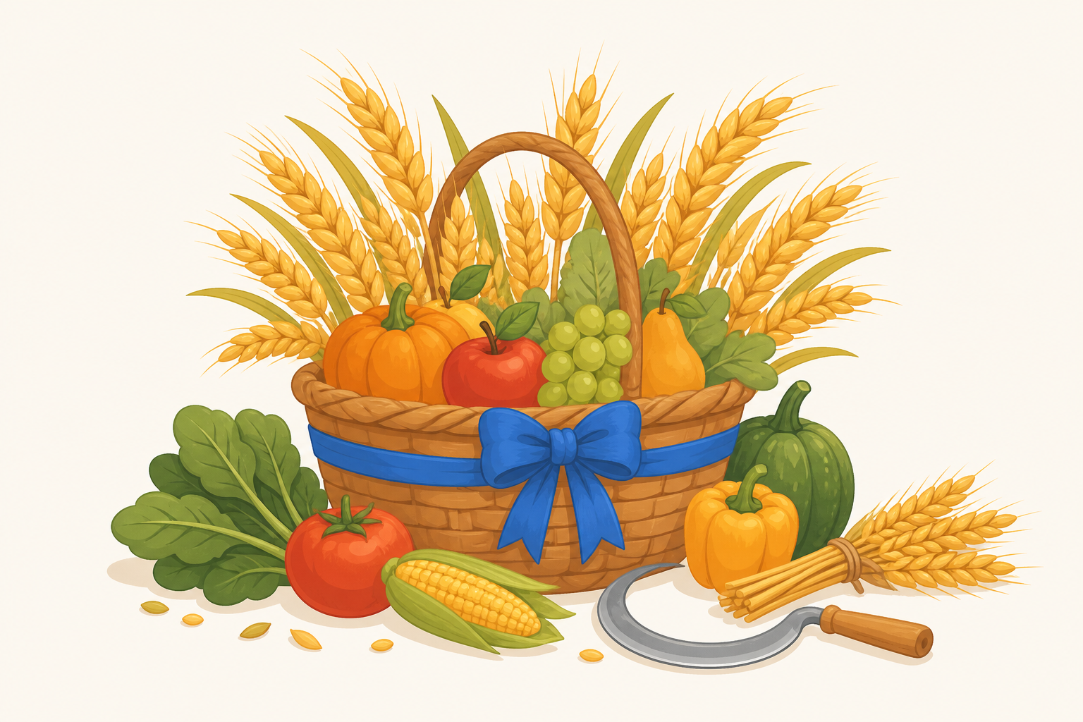 Cartoon harvest basket of wheat and produce, representing Harvest