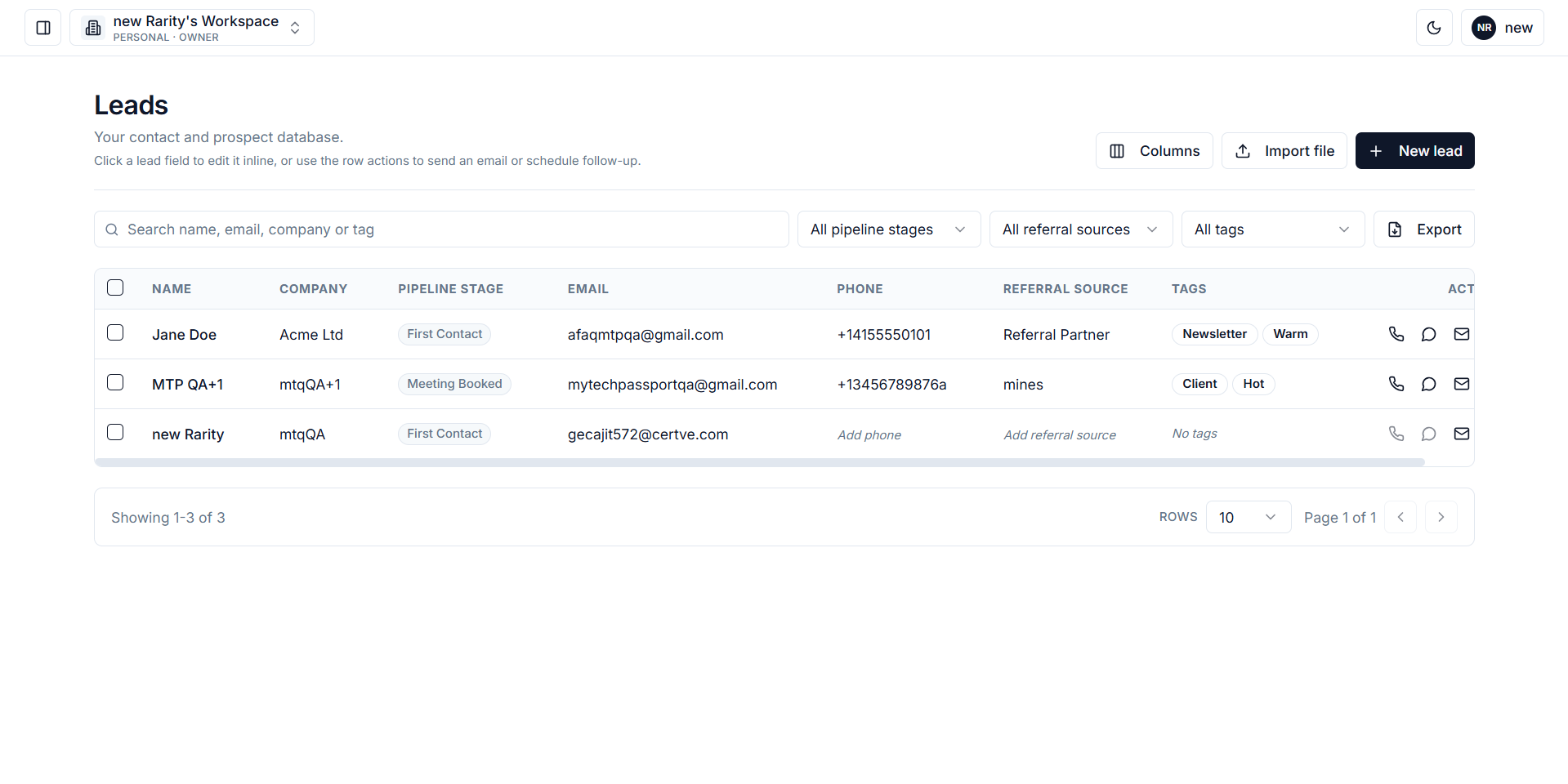 SOLOCRM spreadsheet lead view