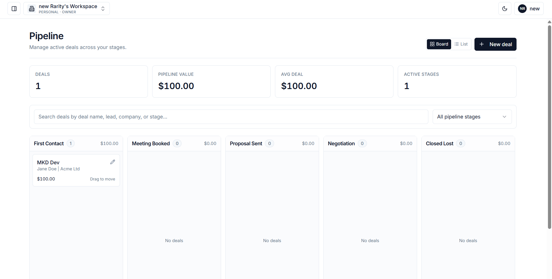 SOLOCRM pipeline board view
